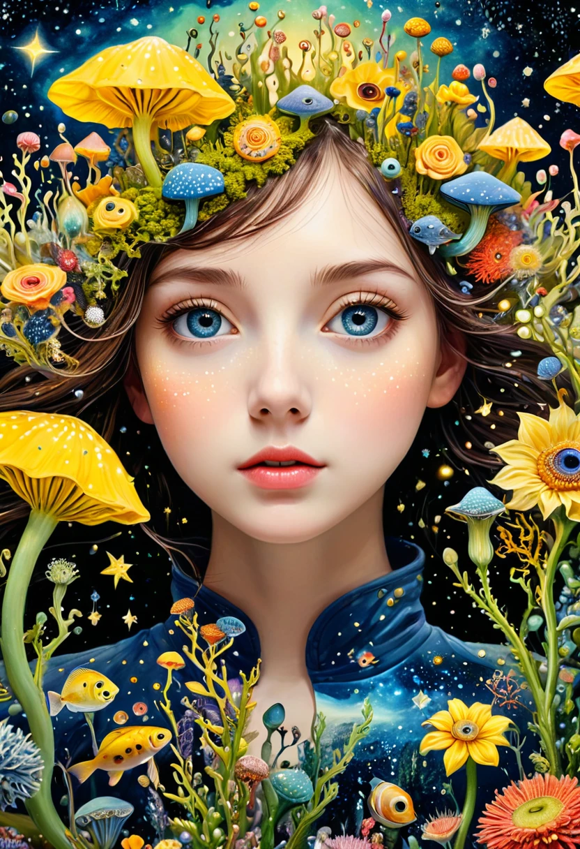 intricate abstract art, blend of floral buds, microorganisms, plants, marine life, eyes, starry sky, self-portrait of autistic person's inner world, strong sense of space, negative space, whimsical, surreal, yellow tones, highly detailed, masterpiece, (best quality, 4k, 8k, highres, masterpiece:1.2), ultra-detailed, (realistic, photorealistic, photo-realistic:1.37), HDR, UHD, studio lighting, ultra-fine painting, sharp focus, physically-based rendering, extreme detail description, professional, vivid colors, bokeh