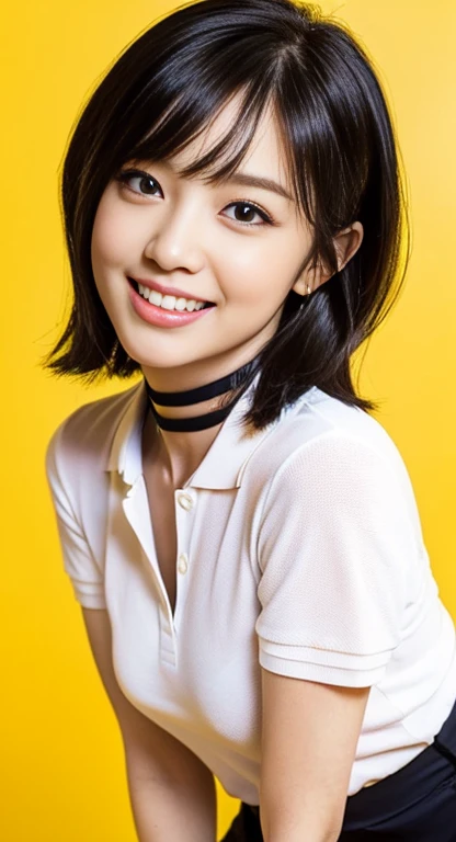 (A Gorgeous American-Chinese Lady, age 25, Tight Thin White Polo-Shirt & Pink Pencil Skirt, BlackPink Choker, natural pose, dimpled smile, short_bob_hair_side_bangs, cute snaggletooth, well-endowed round bosom, photorealistic, Hello_Kitty_Cuteness, beautiful detailed eyes, hyper-realism, high contrast, ultra HD, realistic skin textures, top image quality, top-quality, super high resolution, fine details, very meticulously, head_to_knees, High_Angle_Shot, simple yellow background)