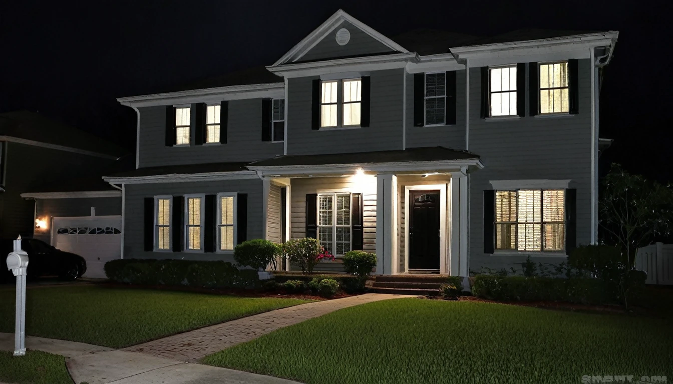 front of the house, condominium, sinister night, suspenseful environment, fear,