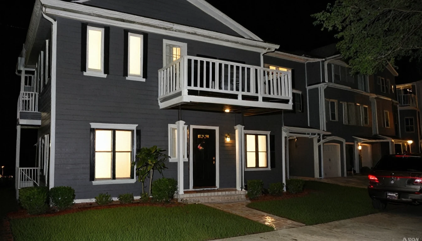 front of the house, condominium, sinister night, suspenseful environment, fear,