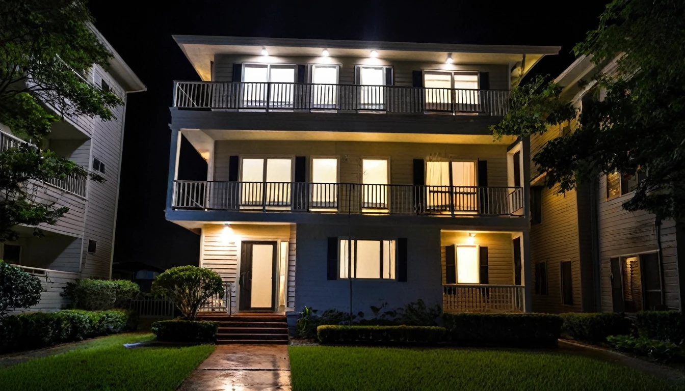 front of the house, condominium, sinister night, suspenseful environment, fear,