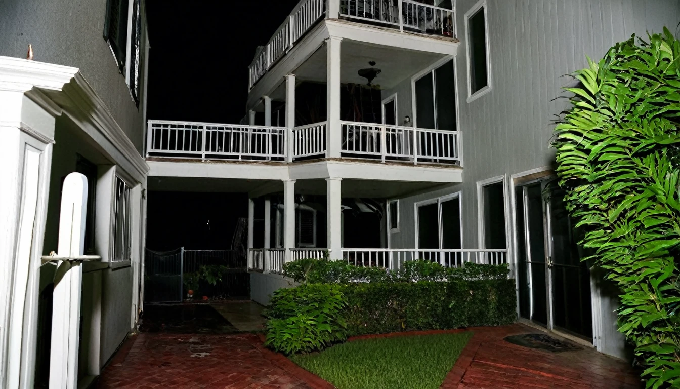 front of the house, condominium, sinister night, suspenseful environment, fear,