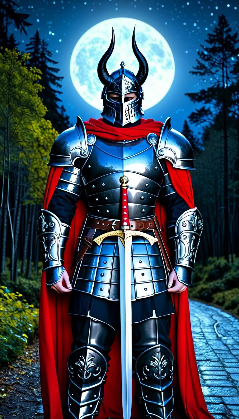 (Alta definición 1.5) (Alta calidad 1.5) (Detallado 1.5) (Obra Maestra) (Perfect)
1man, strong and tall, full armor, dark metal armor, shiny metal, gothic, ancient style, helmet with horns, red cape, sword at his waist.
Lonely path, dark forest, bright night, bright full moon