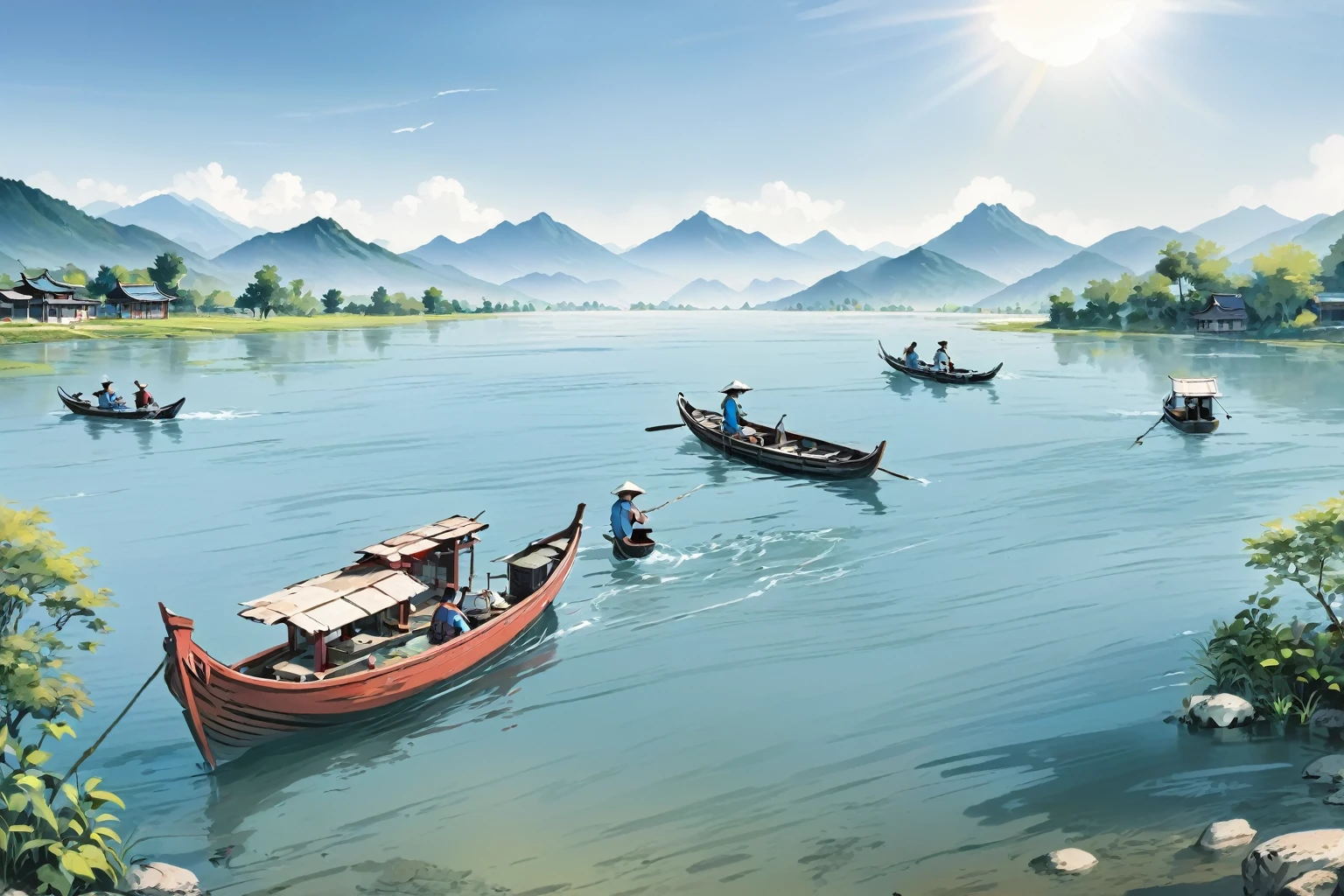 Boat上有一位老人fishing，fishing，Distant mountains Chinese landscape painting background，Ink painting style，there is a Boat that is floating in the water, small Boat in the foreground, small Boat in foreground, fishing Boat, 3 Boat in river, Boat in foreground, Boat, small Boat, On a sunny day, Photo showing, 湖上的Boat, Wide rivers and lakes, one small Boat, rowing Boat, fishing Boats, A sunny day