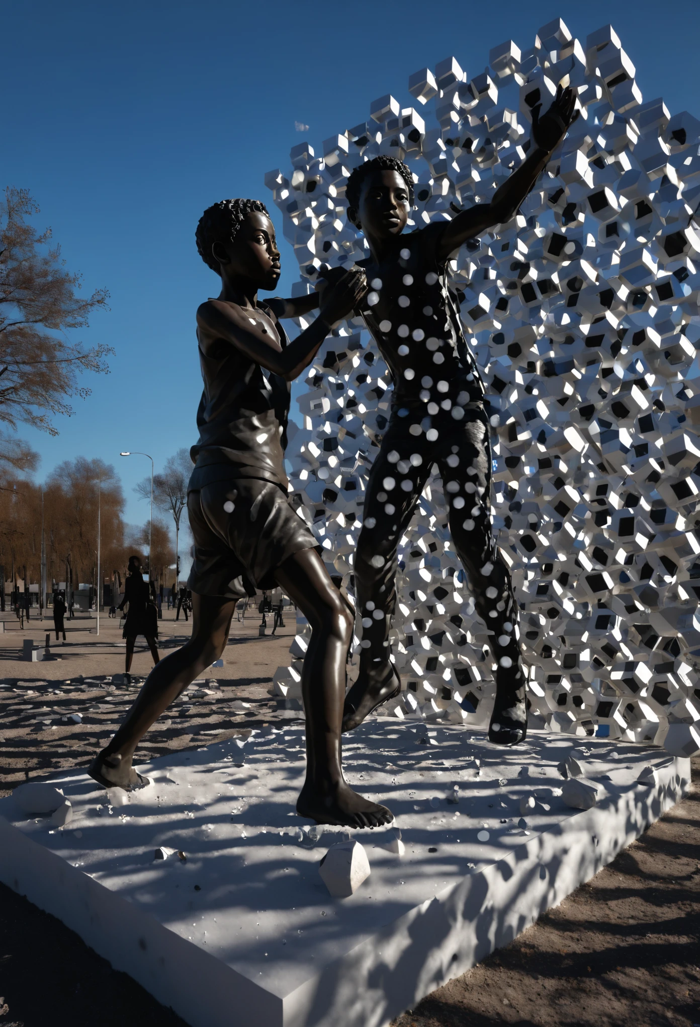 Full body shot of sculptures of people surrounding 
a sculpture of a black boy and  throwing stones at the black boy sculpture, the art piece is enclosed ina hexagonal cube with multiple holes.  light piercing through the holes providing a contrast of the shadows. 32k ultra HD, unreal engine rendered, hyper-realistic image,