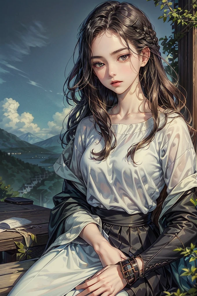 ((best quality)), ((Masterpiece)), (details), ((perfect face)), Beautiful face,, teenage boy, rural village, young girl, road, high school student, girl,black hair and long hair,, shrewd, cool, perfect proportions , เวอร์ชั่นgirl , Hiro Mashima Art, details ghibli town background, details ghibli scenery background