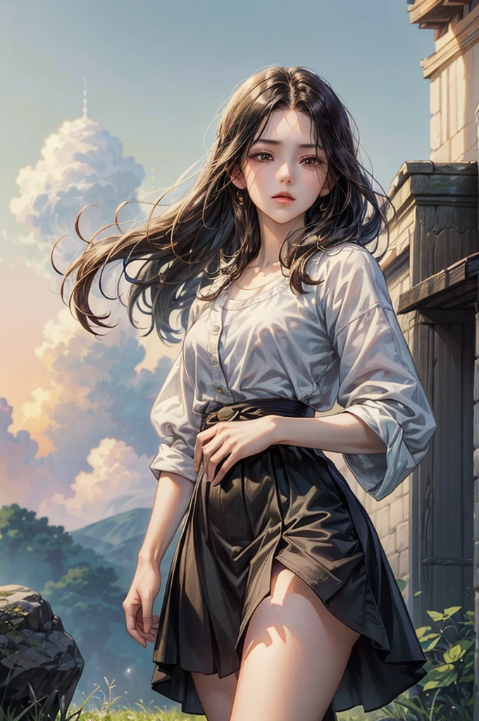 ((best quality)), ((Masterpiece)), (details), ((perfect face)), Beautiful face,, teenage boy, rural village, young girl, road, high school student, girl,black hair and long hair,, shrewd, cool, perfect proportions , เวอร์ชั่นgirl , Hiro Mashima Art, details ghibli town background, details ghibli scenery background