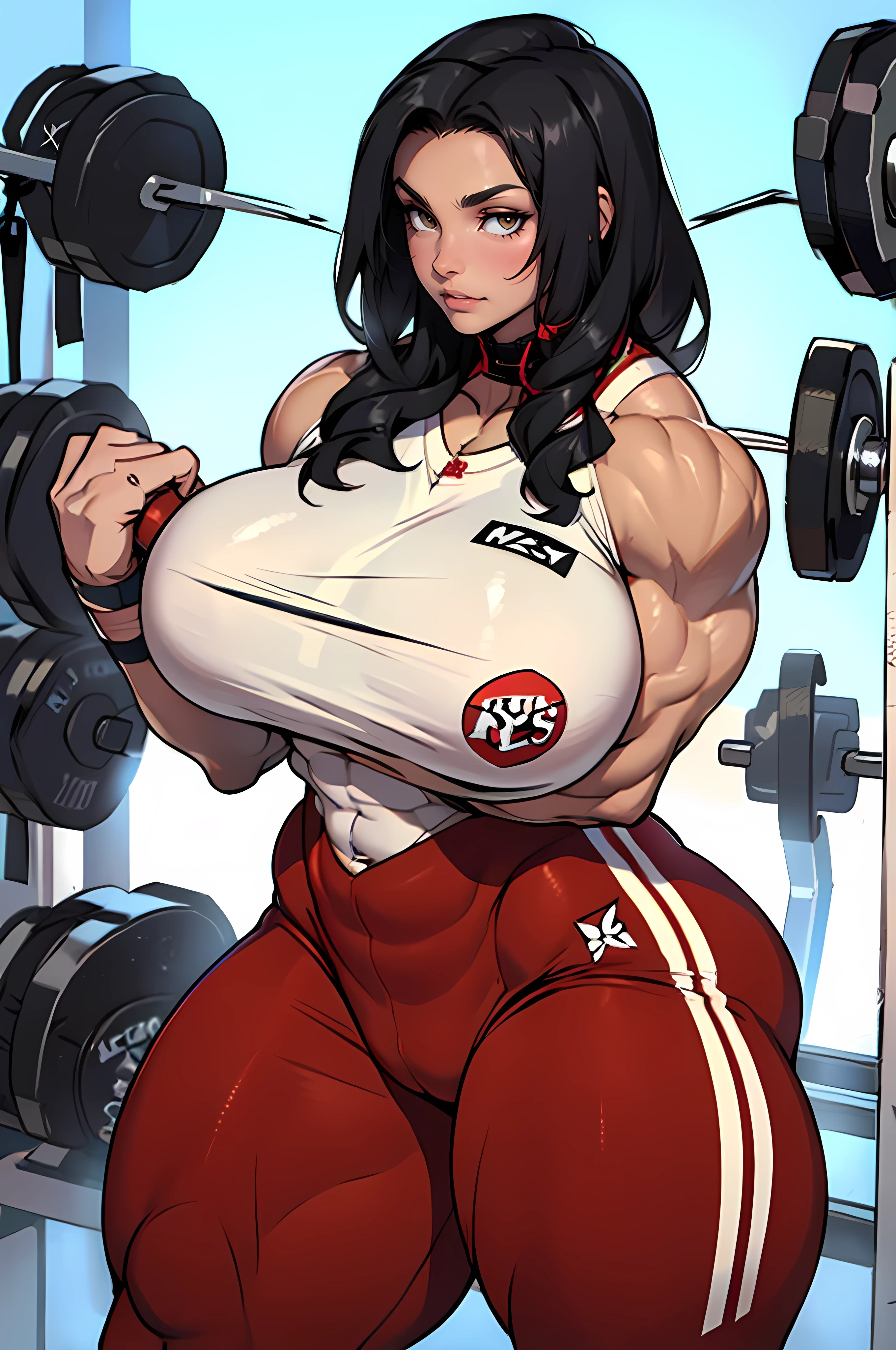 1 girl pale white skin black hair yellow eyes long tight shirt tight pants (Massive Female Bodybuilder:1.9) (Huge breasts:2)
