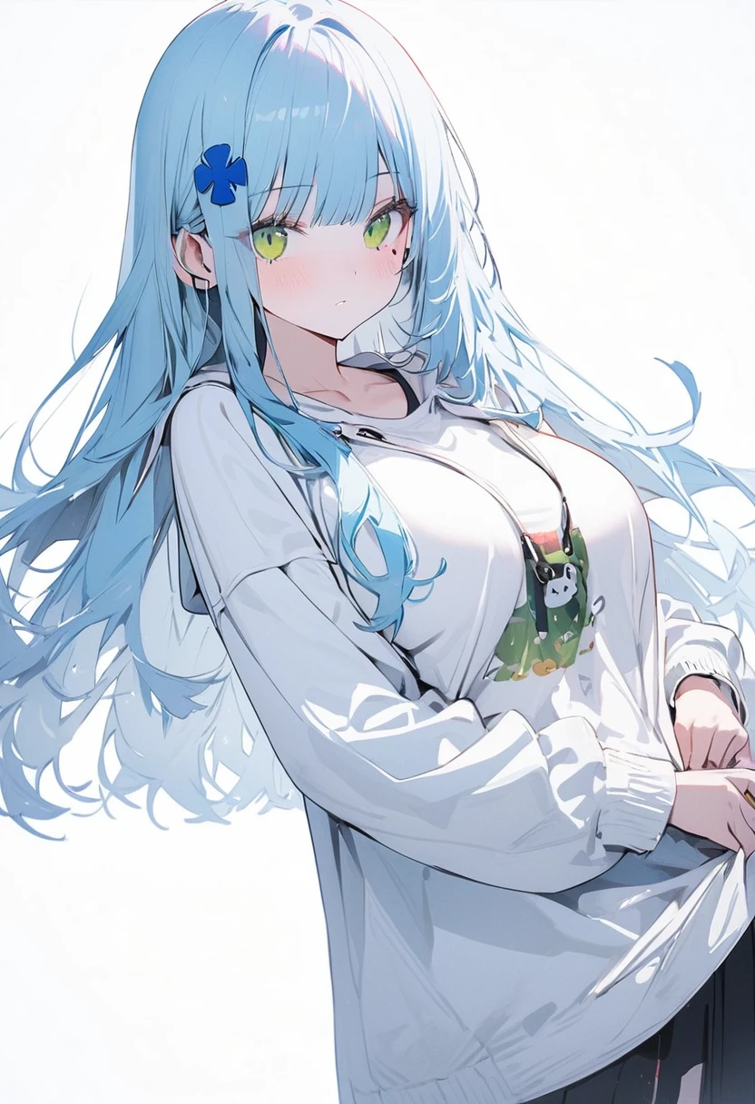 （(1girl))，(((high resolution))),((full body)),straight hair,large breatst,Masterpiece，Super detailed，(((white background)))，Cool look,((hk416)) ，childish appearance,(expressionless),blunt bangs,(Sky blue hair)，long hair，big breasts,Teenage Girls,Clear Eyes，Green Eyes,white skin,Great graphics,lifted tops by self