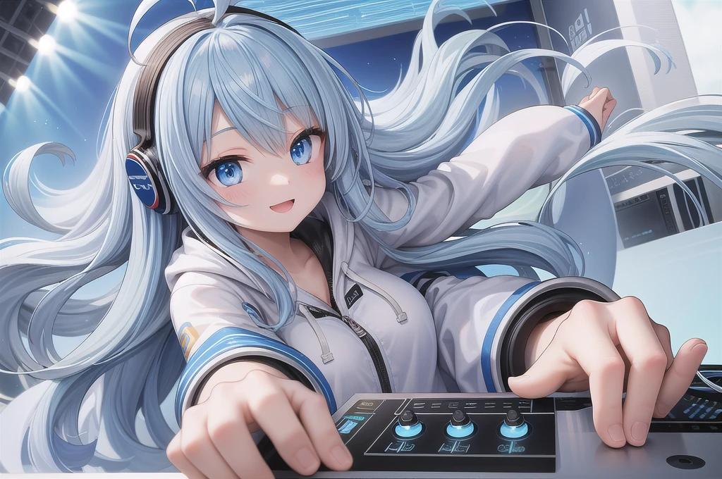 One girl, alone, 20-year-old, Light blue eyes, Blue Hair, Long, beautiful wavy hair, Ahoge, nice smile, White hoodie, Spectacular views, headphone, Detailed DJ equipment, djing, masterpiece, Fine Fingers, 最high quality:1.4, high quality, detailed