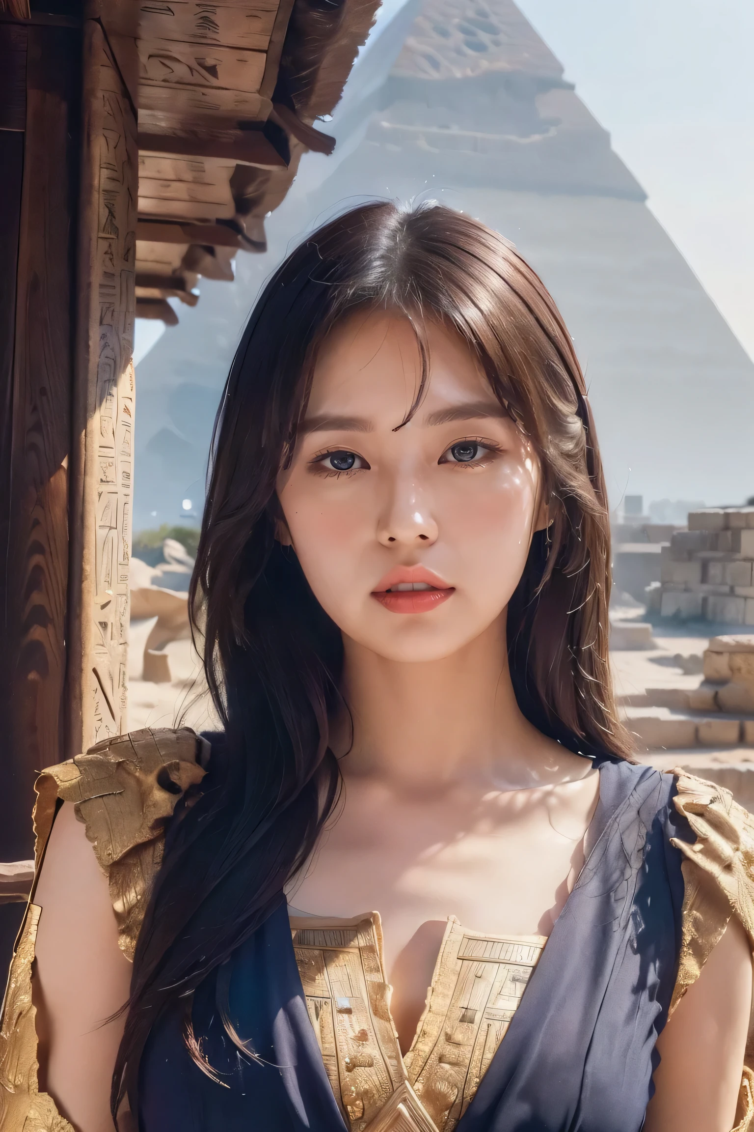 ((Highest quality、8K、masterpiece:1.3))、Photorealistic, Sharp focus, high resolution, High resolution, Portraiture, one person, woman, beautiful woman, sexly、Egyptian woman warrior walking in ancient egypt、Complex technology, Pyramids and ancient Egyptian cities far away、cyber-、Light and shadow、Cyan Light、