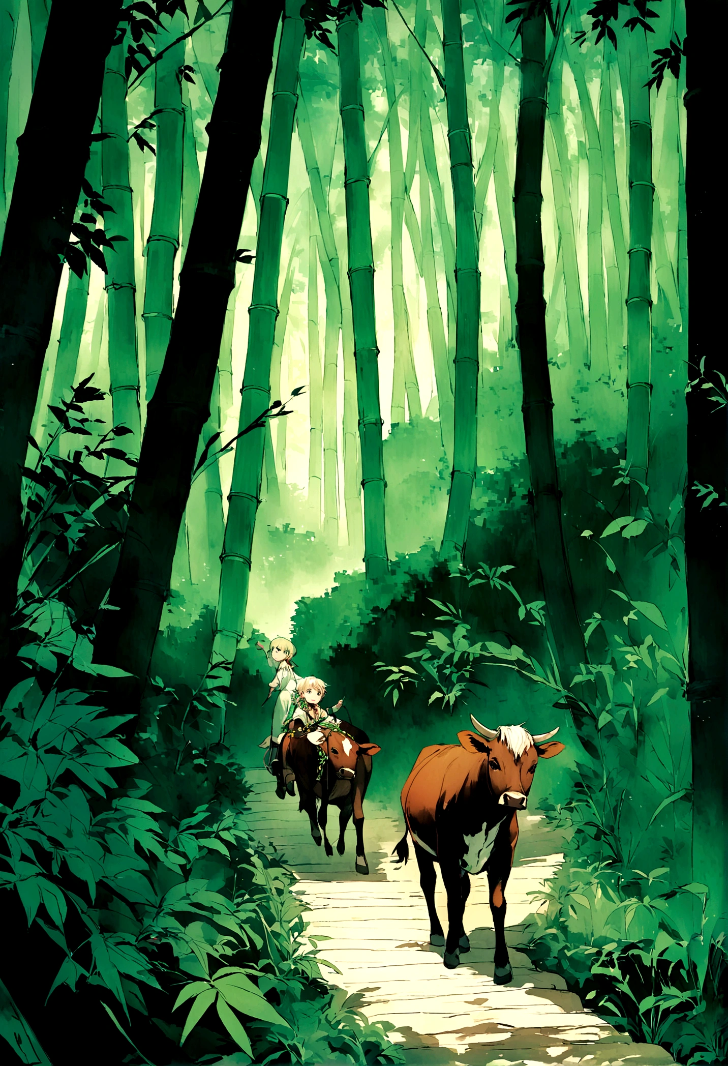 Legend of Zelda,The boy set off with the cow,They walked through patches of verdant bamboo forests,Climbed over one steep hill after anothend sparkling gems in ancient forests