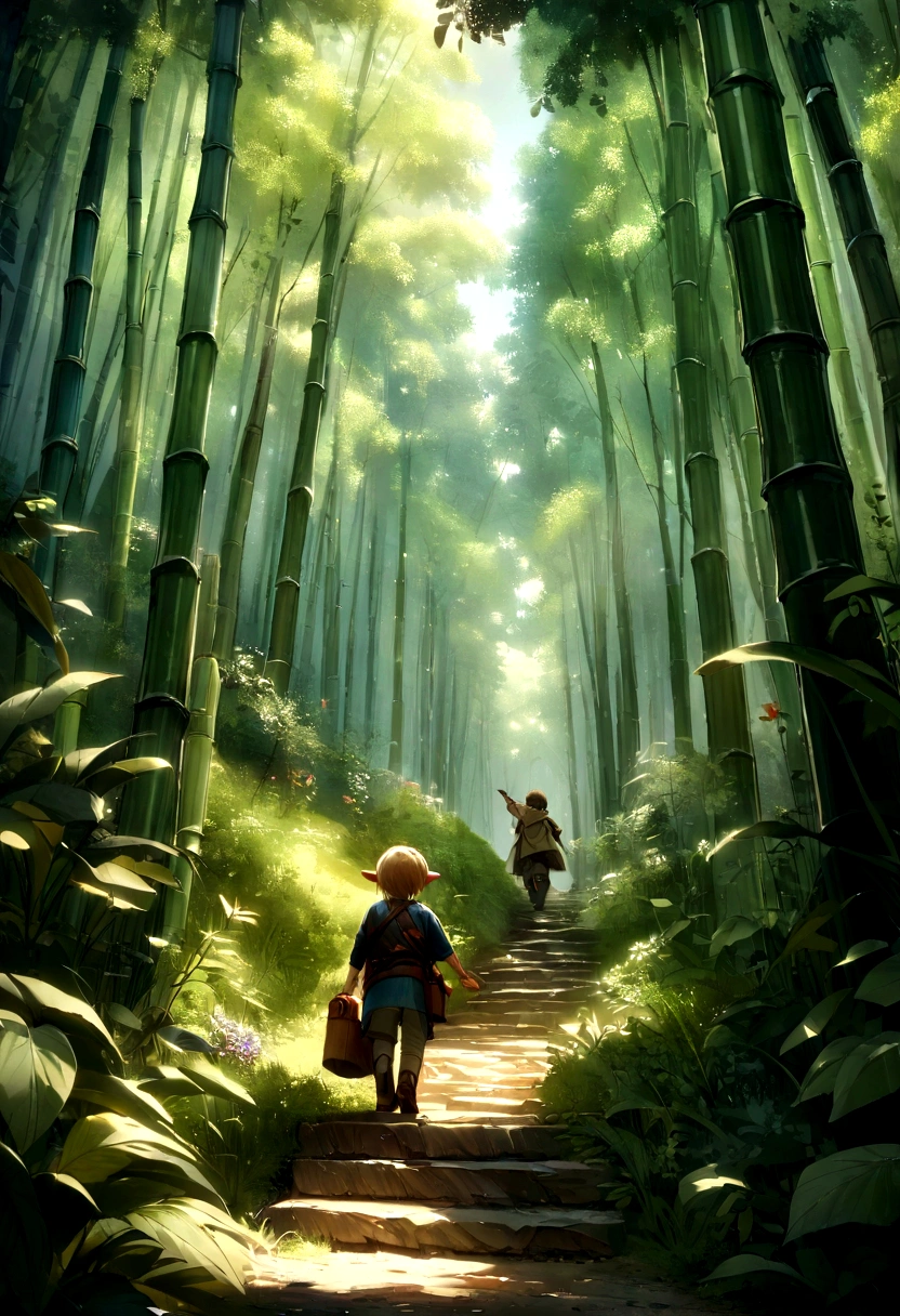 Legend of Zelda，The little boy set off with the cow，They walked through patches of verdant bamboo forests，Climbed over one steep hill after anothend sparkling gems in ancient forests