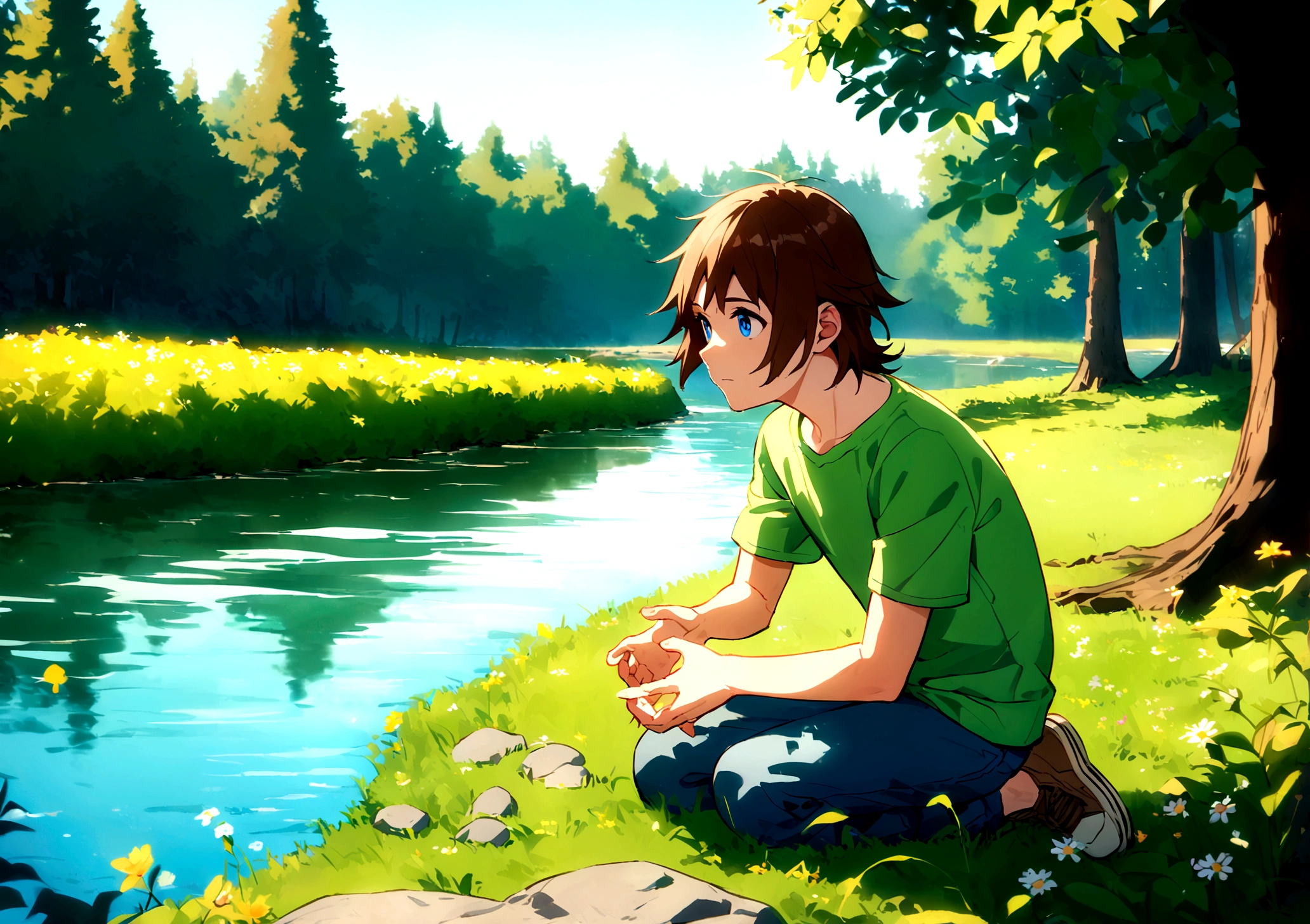 Jack is an eight-year-old boy with tousled brown hair and bright blue eyes. He wears worn-out blue jeans, a bright green t-shirt and sturdy brown sneakers. Jack is kneeling by the edge of a gently flowing river, his hands skimming the water. His face is filled with curiosity and wonder as he watches the ripples form around his fingers. The riverbank is lined with smooth rocks and patches of wildflowers, adding to the natural beauty of the scene. Tall trees stand sentinel along the river's edge, their branches reaching towards the clear blue sky overhead. In the distance, the sun casts a golden glow over the tranquil water. Jack's playful and contemplative mood is evident as he enjoys the peacefulness of nature's playground.