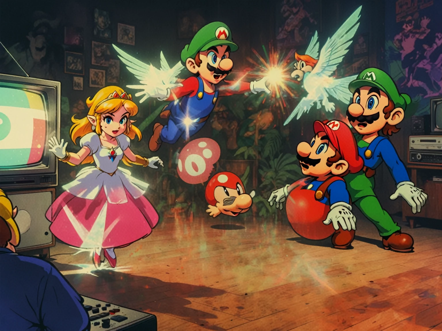 1990's animated tv show screengrab, Legend of Zelda crossover Mario Bros. , VHS, glitch, distorted, nostalgia, 90's retro vibes, analog tape, vcr aesthetics, tv, television, comic 1990's, animated tv show screengrab, Zelda and Super Mario cast dancing stanky boogie, cinematic poster, image within image, multiple exposure, massive scale, rich color grading for shading depth, hand drawn rotoscope cartoon realism, chiaroscuro lighting, mixed media, vintage comic, retro original design, 1990's comic, sense of movement energy, taking flight, tropical rot, rewilding, (full roygbiv color) ink charcoal expressive illustration, Zelda and Mario aesthetics
