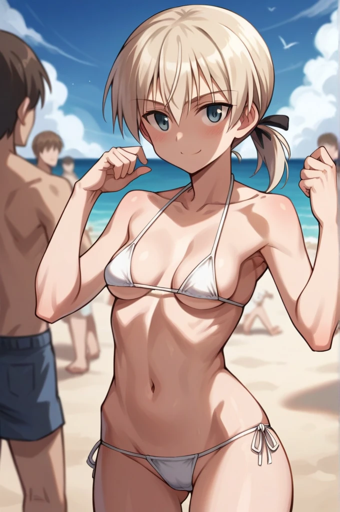 Master piece,best quality,official style,Strike Witches,FRANCESCA
LUCCHINI, Highly detailed, High resolution 16k close-up of human skin. Skin texture must be natural, With such detail that pores can be finely identified. Skin should look healthy,cowboy_shot,micro_bikini, beach, crowd, light smile 