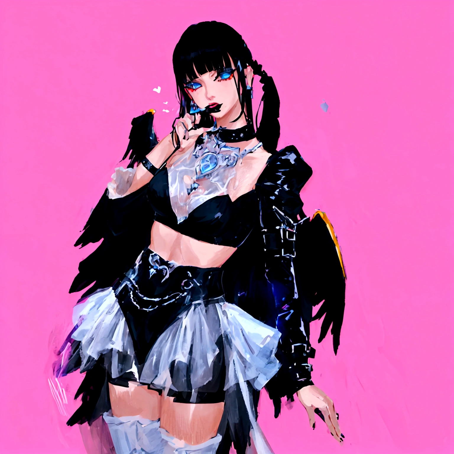 arafed image of a woman in a black outfit imvu, as a mystical valkyrie, villainess has black angel wings, second life avatar, inspired by Sim Sa-jeong, upper body avatar, goth girl aesthetic, she has black hair with bangs, portrait of jossi of blackpink, HD, Detailed, clear color, high quality