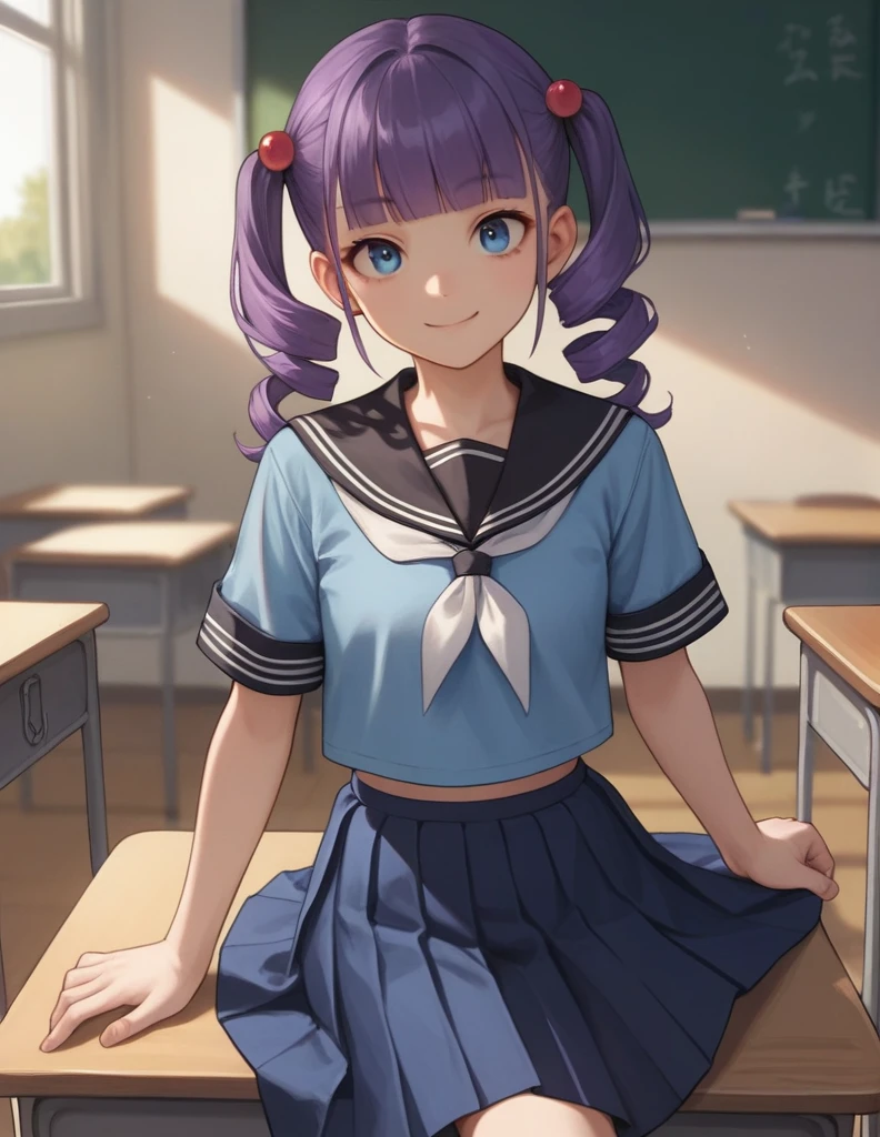 score_9, score_8_up, score_7_up, source_anime,
bangs, blunt bangs, hair ornament, blue eyes, sharp eyes, pointed eyes, purple hair, curly twintails,
school uniform, serafuku, sailor collar, black sailor collar, white neckerchief, blue shirt, short sleeves, blue skirt,
indoors, classroom, smile,
looking at viewer, solo