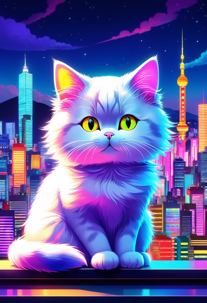 Draw a cat sitting against a colorful background in the style of Seizo Watase. The background should include a cityscape or night scene with bright neon lights. The cat should appear relaxed and have light-colored fur.