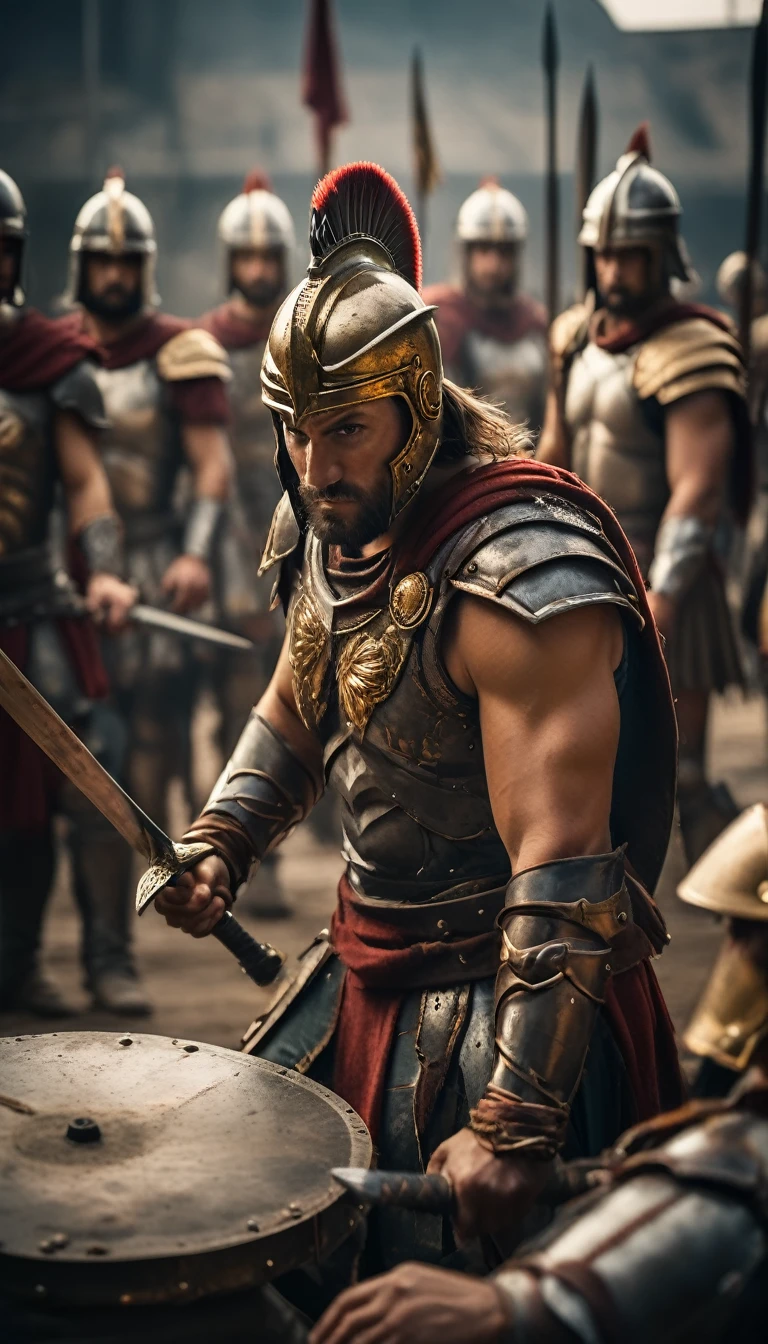 Create a portrait of a Spartan warrior preparing for battle, with his armor being fitted by his comrades, battle atmosphere background, hyper realistic, ultra detailed hyper realistic, photorealistic, Studio Lighting, wearing a gold crown, reflections, dynamic pose, Cinematic, Color Grading, Photography, Shot on 50mm lens, Ultra-Wide Angle, Depth of Field, hyper-detailed, beautifully color, 8k