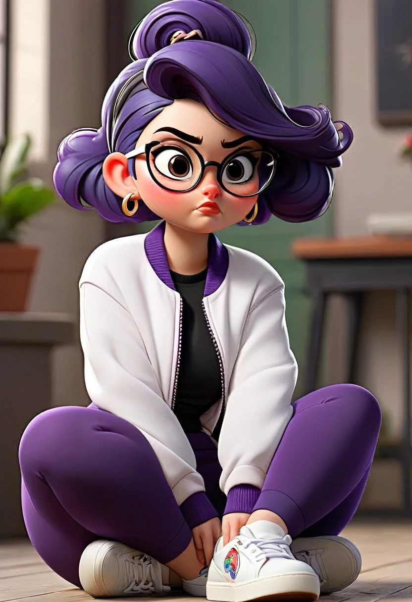 white girl a little chubby, of short stature, culona, wide legs, waist a little big, with dark purple leggings, a black and white jacket, short black hair with bun and oval glasses