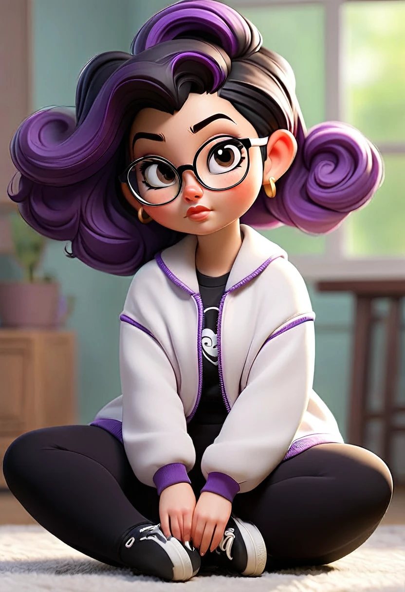 white girl a little chubby, of short stature, culona, wide legs, waist a little big, with dark purple leggings, a black and white jacket, short black hair with bun and oval glasses