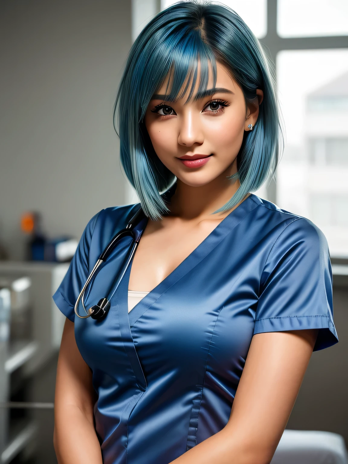 (blue hair:1.4), short hair, realistic green eyes, cobalt hair,  long bob hair, tousled hair, shoulder length hair, Full body, woman with white skin and Asian features, 24 year old, big breast. She has a small, elegant nose with a slight upward curve at the tip. Her lips are full and naturally pink, with a well-defined Cupid's bow. Her teeth are straight and white, enhancing her captivating smile. Her face has an oval shape with high cheekbones that add to her model-like appearance. (crack), detailed (texture!, shine, color!!, flaws: 1.1), highly detailed glowing eyes, (looking at camera), specular light, dslr, extreme quality, crystal clear, cute face, detailed skin pores, oil Dark skin, brown, complex eye details, she is far from the camera, A full-body portrait, captured from a distance. Dynamic Frame, 8K, Best Quality, Realistic, full body Realism, beautiful hairstyle, Dynamic Frame,  Shortcut Bob、((masterpiece, best quality)), (natural skin), legs, (tight nurse uniform:1.3), cleavage, (seductive expression:1.2), jewelry, dynamic, various poses, hospital ward background, (UHD, 8K wallpaper, High resolution), Cinematic lighting, physically-based rendering, award-winning, extremely detailed skin, extra detailed face, high detail eyes, Carl Zeiss 85 mm F/1.4, by Ellen von Unwerth

 (short hair:1.3)