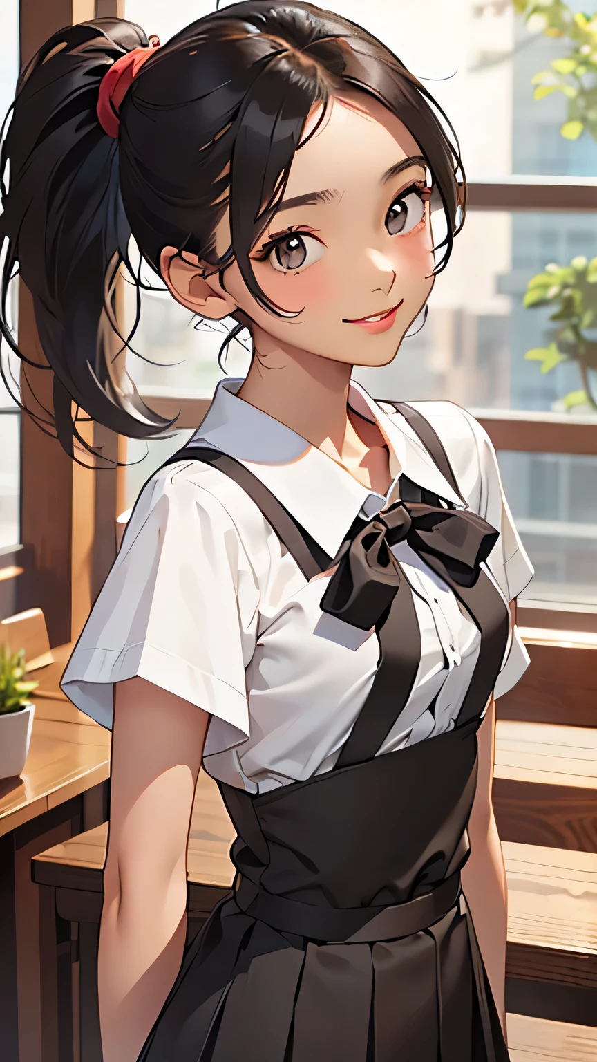 highest quality、Realistic、woman、Cafe、Light brown eyes、ponytail、all back、Black Hair、White short sleeve blouse、Red pleated skirt、Tanned black body、Tan Skin、Brown black skin、Dark skin、slender、smile、Bust Shot