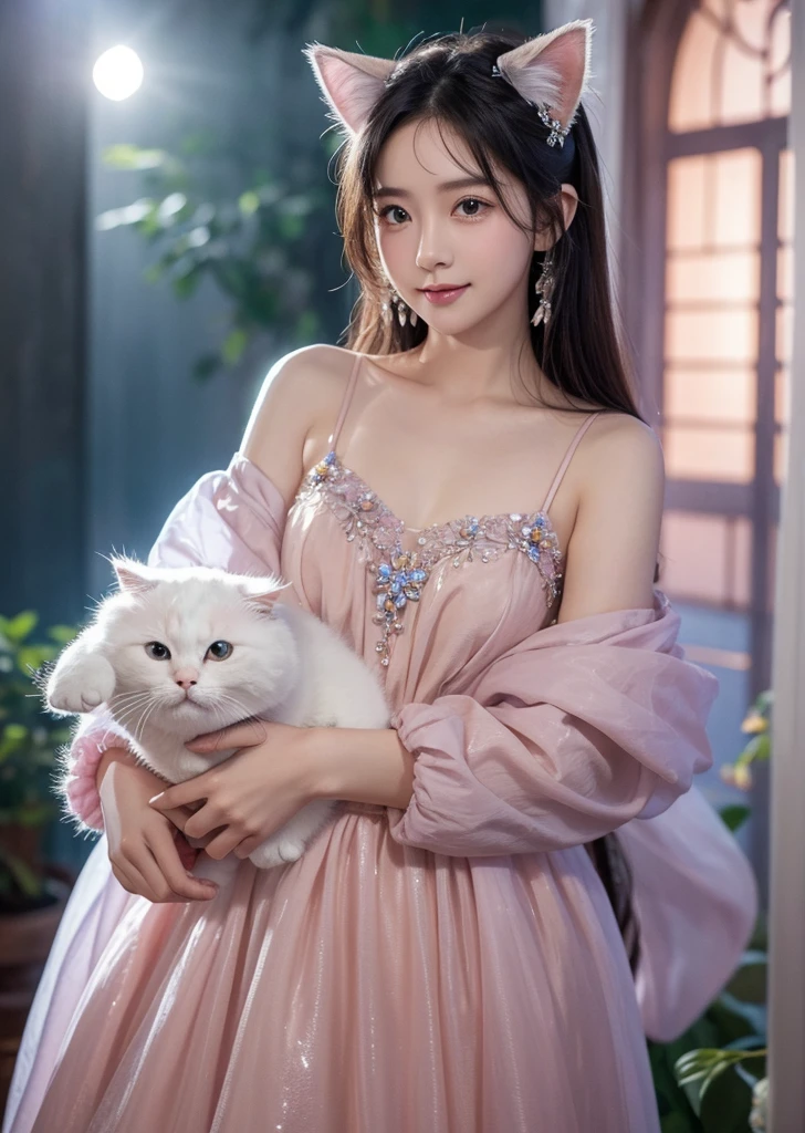 Diffuse lighting、 Highest quality, High resolution, unity 8k wallpaper、Supersaturation, Colorful, fairy tale, dream-like, Movie-like characters, oil, 3d, 8K resolution, Sequins, Sparkling, moonlight, Close-up portrait adorable,Too cute cat, Fine grain, Large, round, reflective eyes,Dreamland、pastel colour、pleasant to the touch、Stand up and face forward、smile、full moon、Mysterious Flower、Beautiful cat、cute cat、猫のInside the castle、Inside the castle、Standing、turn around、whole body、Detailed eyes, nose and mouth、Cat Castle、