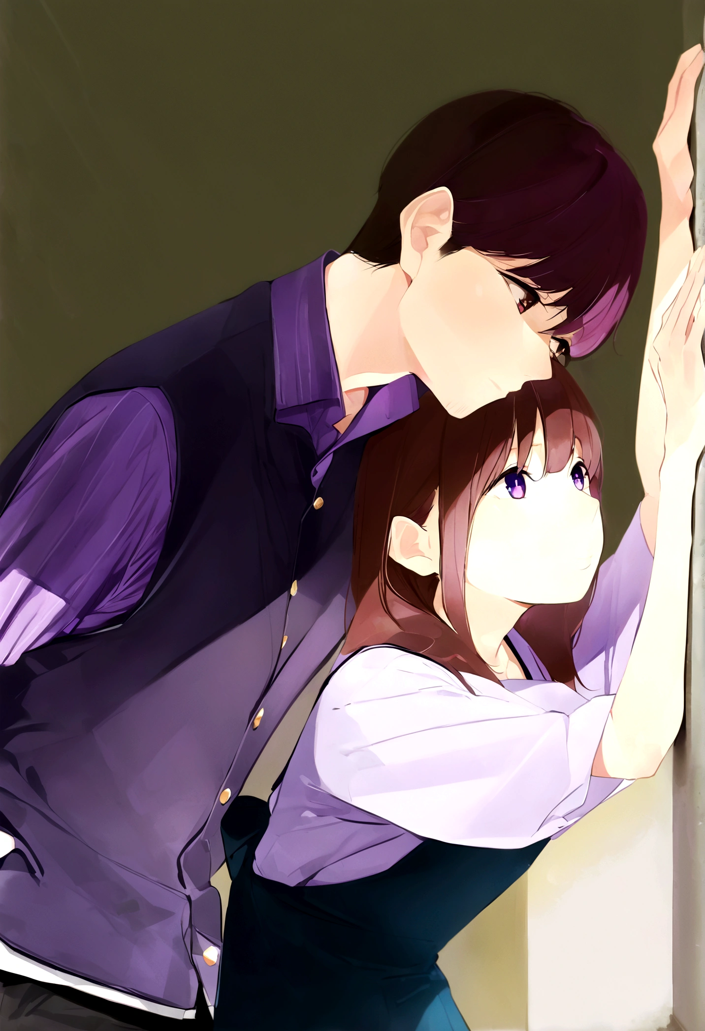 Create a calm Japanese-style portrait in the style of the anime Black Clover. Introducing a Young Man, leaning against a wall with arms raised, eyes lost in the depths. shading adds depth and texture, emphasizing the emotional gravity of the scene. Content purple shirt purple pupils brown hair