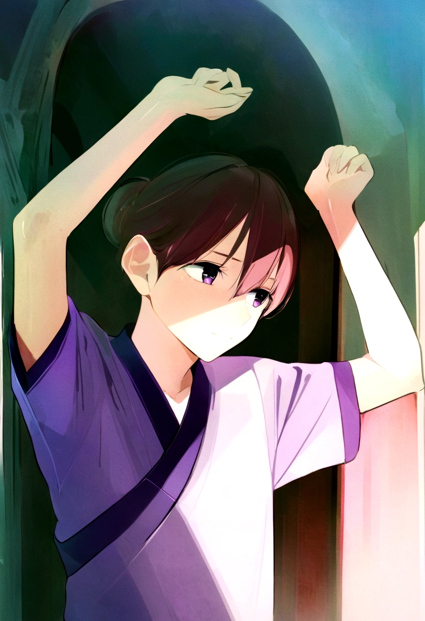 Create a calm Japanese-style portrait in the style of the anime Black Clover. Introducing a Young Man, leaning against a wall with arms raised, eyes lost in the depths. shading adds depth and texture, emphasizing the emotional gravity of the scene. Content purple shirt purple pupils brown hair