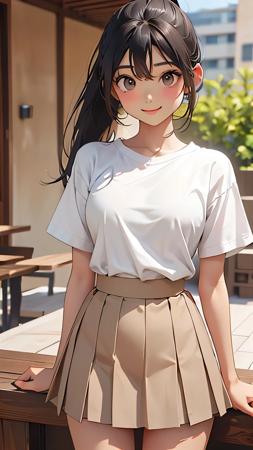 highest quality、Realistic、woman、Cafe、Light brown eyes、ponytail、all back、Black Hair、White short sleeve blouse、Red pleated skirt、Tanned black body、Tan Skin、Brown black skin、Dark skin、slender、smile、Bust Shot