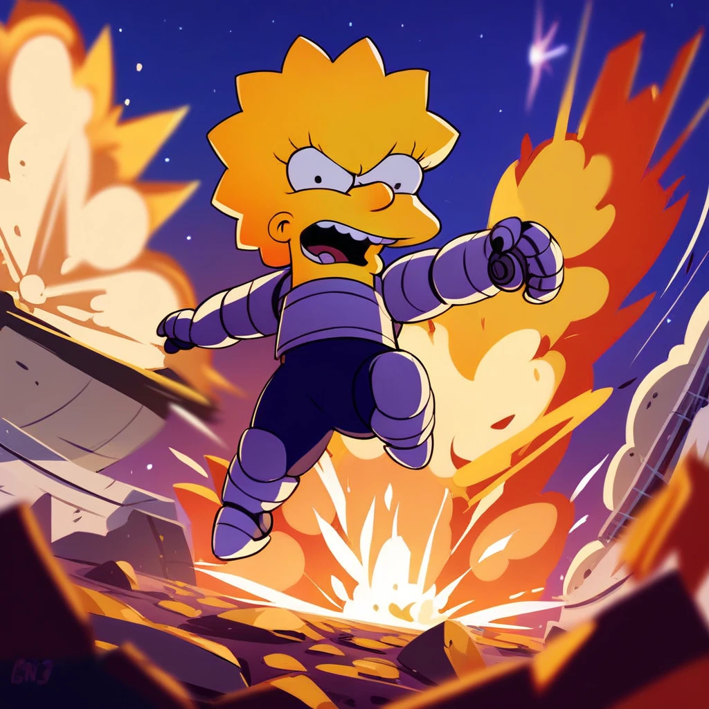 source_cartoon, (((1girl, solo, alone, lisa_simpson, short hair, flat chest, colored skin, yellow skin, shortstack))), looking at viewer, 

(((      depth of field, sci-fi, (white hybrid gold) giant mechanical arms, breastplate, full armor, mechanical legs, fighting stance, hand up,( opened mouth, angry), spacecraft in background, ( punching), glowing, shine, dazzling, (explosion:1.2) in background, outstretched arm, outstretched hand, (night:1.2),       ))),

 dynamic pose, dynamic angle, cowboy shot,

outdoor, 