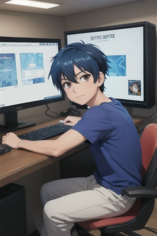 (Best quality: 1.0), (Super High Resolution: 1.0), Anime boy, short blue hair, brown eyes, sitting in front of computer playing games, background in esports room,