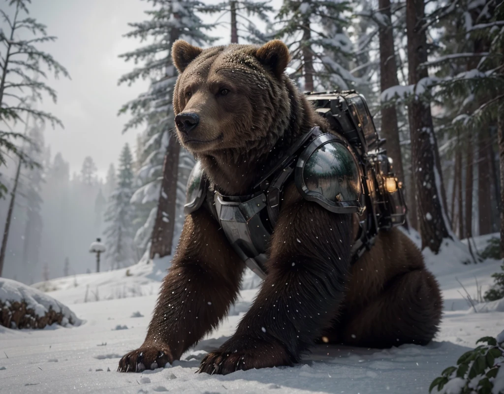 Grizzly bear realistically detailed fur, The bear wears metal armor plates and helmet, Red and green color, this, Wild snowy forest, realistic, 4k, Ultra detailed image, realistic, Highly detailed, perfect composition, gorgeous, Intricately detailed, incredibly detailed , Art photography 8K, hyper detailed, Masterpiece, Ultra detailed, hyper realistic, 4k, Ultra detailed image, realistic, Highly detailed, perfect composition, beautiful, intricately detailed, incredibly detailed, art photography 8k, hyper detailed, masterpiece