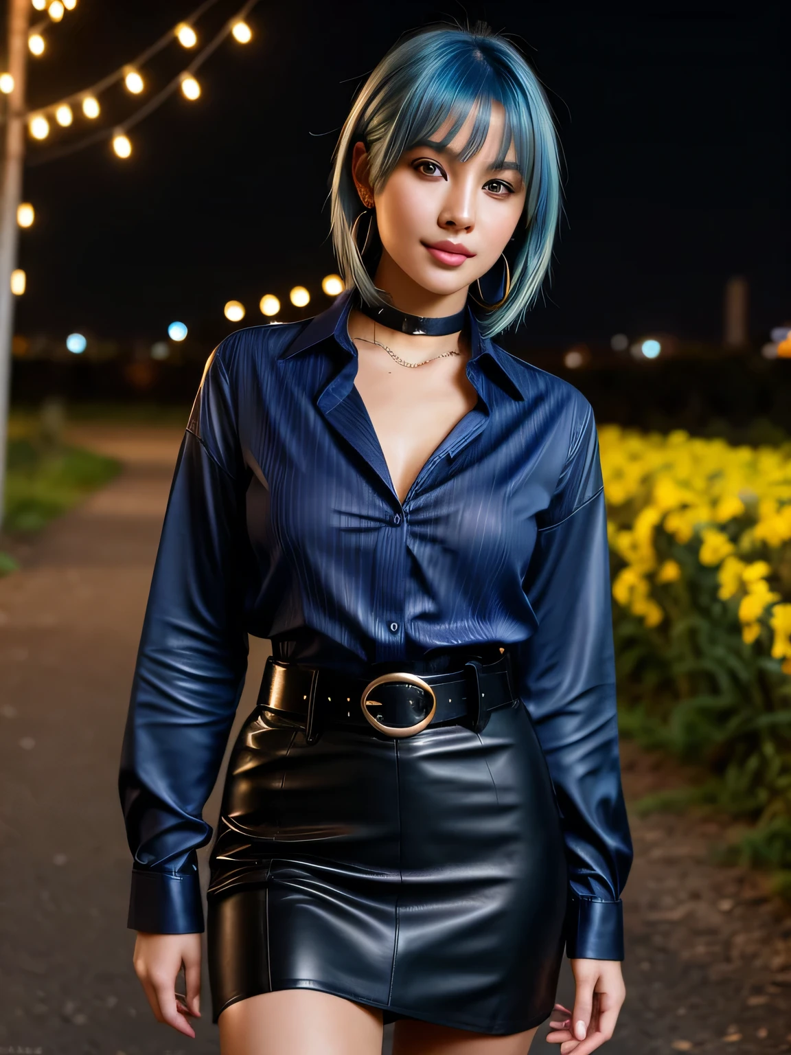 (blue hair:1.4), short hair, realistic green eyes, cobalt hair, long bob hair, tousled hair, shoulder length hair, Full body, woman with white skin and Asian features, 24 year old, big breast. She has a small, elegant nose with a slight upward curve at the tip. Her lips are full and naturally pink, with a well-defined Cupid's bow. Her teeth are straight and white, enhancing her captivating smile. Her face has an oval shape with high cheekbones that add to her model-like appearance. (crack), detailed (texture!, shine, color!!, flaws: 1.1), highly detailed glowing eyes, (looking at camera), specular light, dslr, extreme quality, crystal clear, cute face, detailed skin pores, oil Dark skin, brown, complex eye details, she is far from the camera, A full-body portrait, captured from a distance. Dynamic Frame, 8K, Best Quality, Realistic, full body Realism, beautiful hairstyle, Dynamic Frame, full body photo, a librarian, (silk blouse with stripe pattern:1.3), (long black leather pencil skirt with big belt:1.2), cropped leather jacket, backlight on hair, shallow depth of field, facing the camera, hi-res, 8k, cinematic light, warm smile, in a old abandoned roman vineyard at night, starry sky, amber twinkle lights in background, neon lights, omantic lighting, (surrounded by beautiful flowers:1.1), choker, hoop earrings
(short hair:1.3)