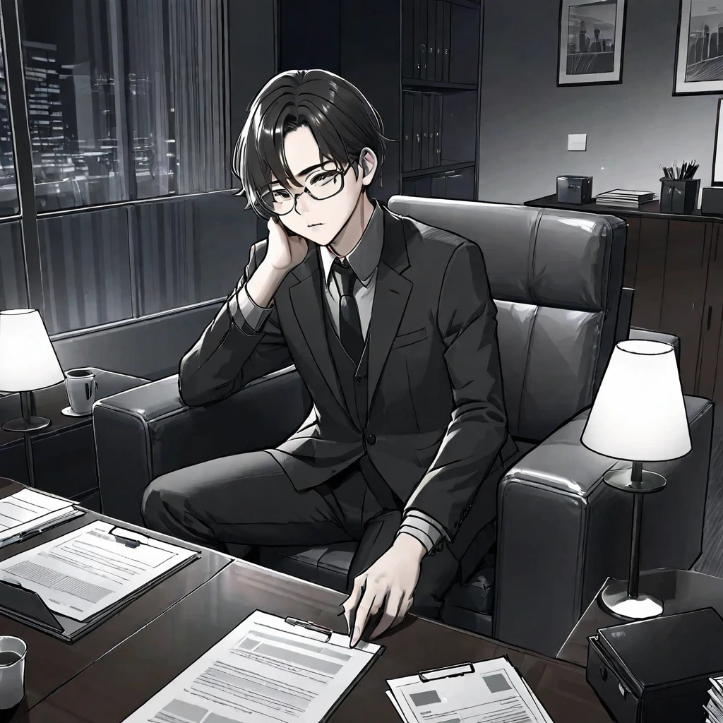 A man wearing glasses，Wearing a gray and black suit，Company executives，Sitting on the sofa in the office，There are documents and a computer on the table in front of me.。Line drawing style，Suspenseful dark style。