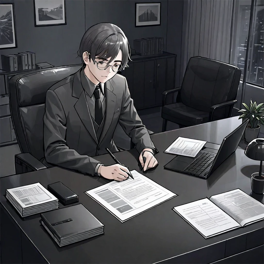 A man wearing glasses，Wearing a gray and black suit，Company executives，Sitting on the sofa in the office，There are documents and a computer on the table in front of me.。Line drawing style，Suspenseful dark style。