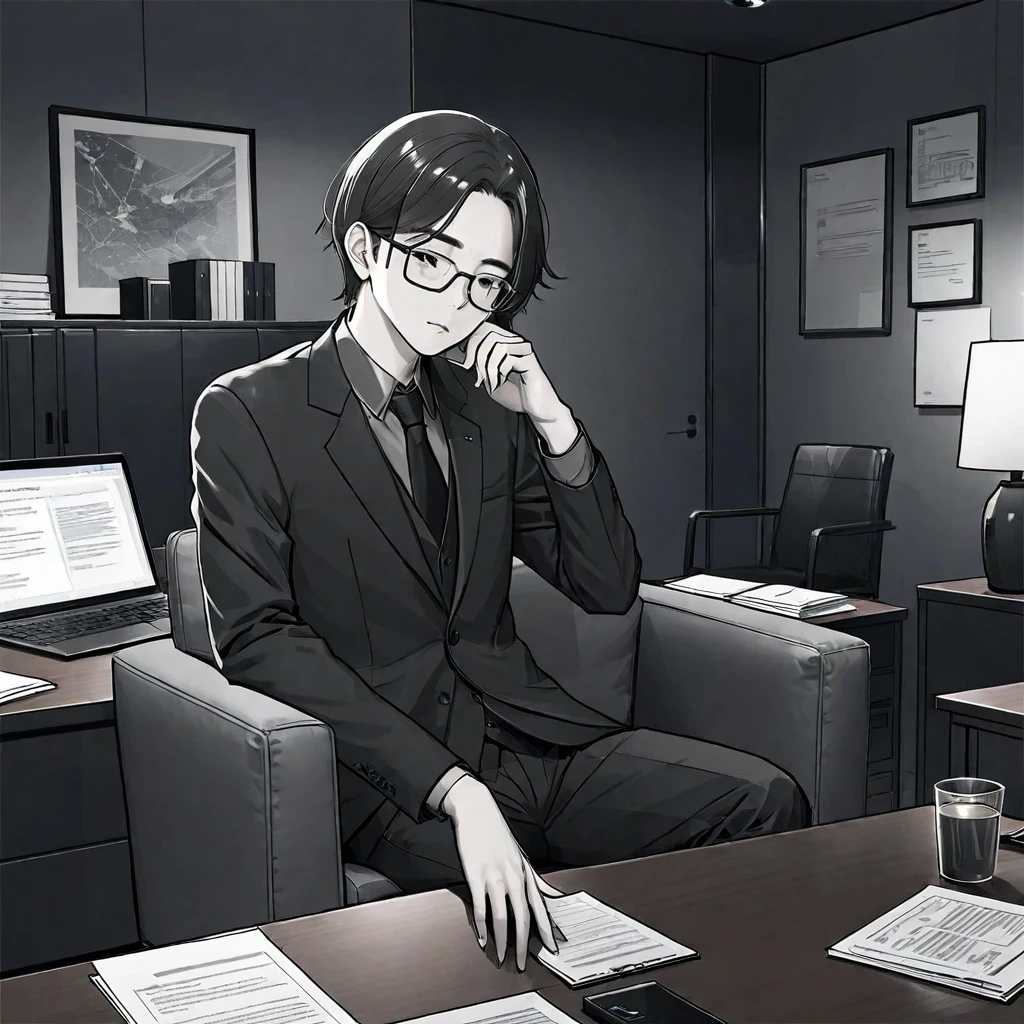 A man wearing glasses,Wearing a gray and black suit,Company executives,Sitting on the sofa in the office,There are documents and a computer on the table in front of me.。Line drawing style,Suspenseful dark style。
