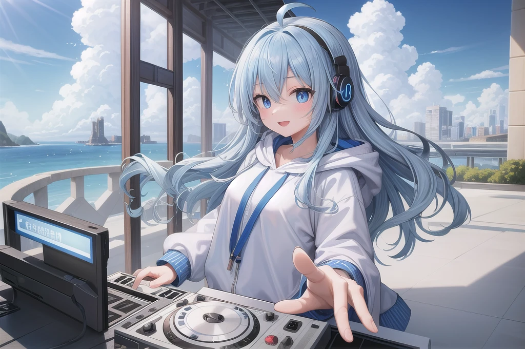 One girl, alone, 20-year-old, Light blue eyes, Blue Hair, Long, beautiful wavy hair, Ahoge, nice smile, White hoodie, Spectacular views, headphone, Detailed DJ equipment, djing, masterpiece, Fine Fingers, 最high quality:1.4, high quality, detailed
