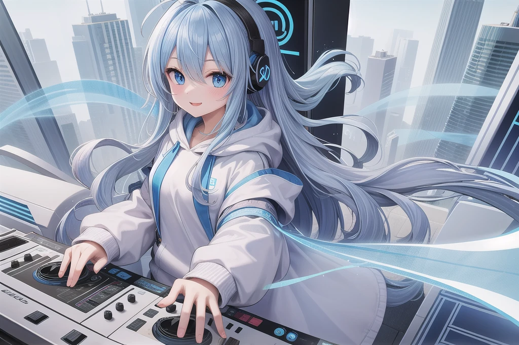 One girl, alone, 20-year-old, Light blue eyes, Blue Hair, Long, beautiful wavy hair, Ahoge, nice smile, White hoodie, Spectacular views, headphone, Detailed DJ equipment, djing, masterpiece, Fine Fingers, 最high quality:1.4, high quality, detailed