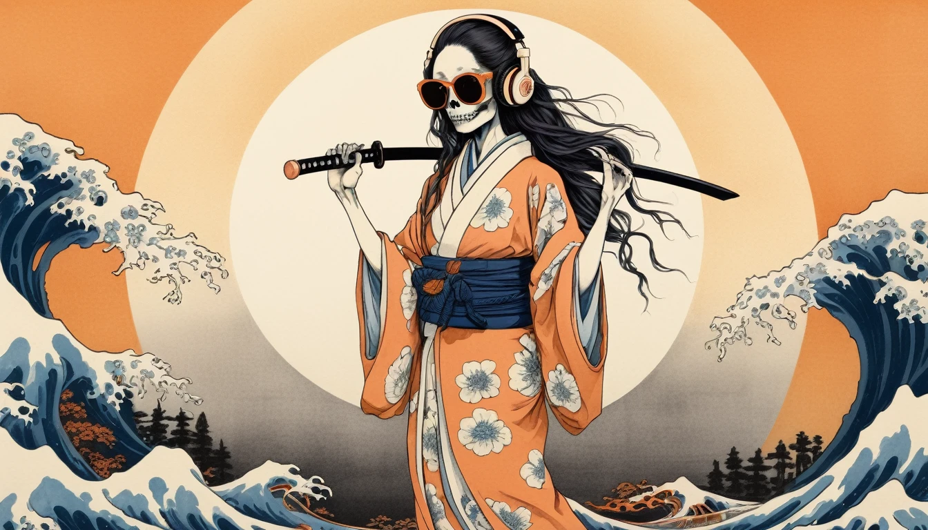 A female skeleton with long hair wearing an illuminated kimono, Sunglasses with pale orange lenses, Katsushika Hokusai, Ink Painting, Japanese style headphones, Holding a Japanese sword in one's mouth, Modern ukiyo-e style, Red Eyes