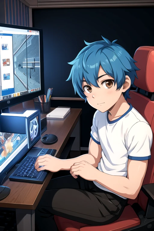 (Best quality: 1.0), (Super High Resolution: 1.0), Anime boy, short blue hair, brown eyes, sitting in front of computer playing games, background in esports room,
