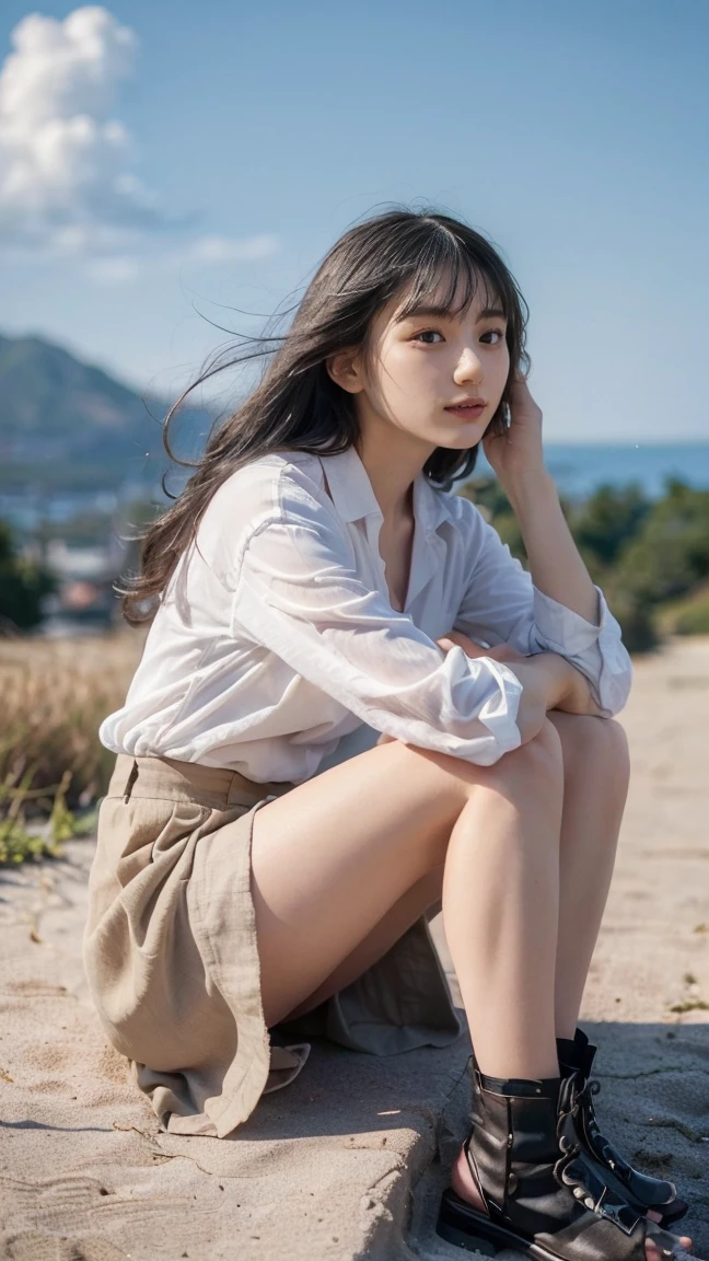 (((Low angle shooting、Looking into the camera:1.22,Leaning forward、Open shirt、No underwear)))、(((8K、Highest quality、masterpiece、Ultra-high resolution)))、(Realistic:1.4)、RAW Photos、(Real skin texture:1.3)、(Film Grain:1.3)、((Are standing、Skirt flutters in strong winds、Under the skirt、Do not bend your legs、don't bend your knees、Spread your thighs、Beachside、))、One Girl、Beautiful and detailed eyes and face、masterpiece、Highest quality、close、thin、Japanese Uniform、dynamic、barefoot、Mr..々Pause、