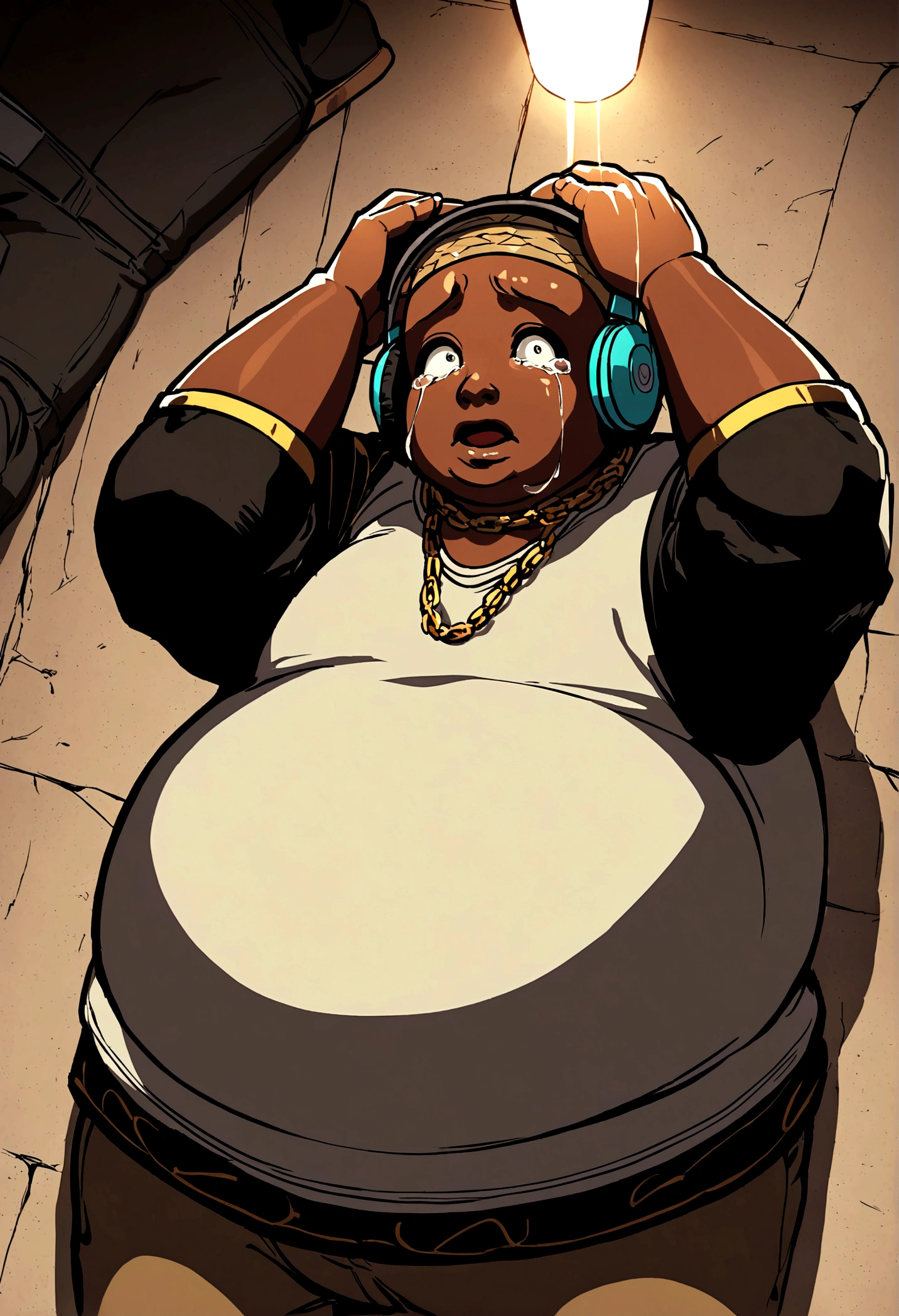 A light coming from above only illuminates the image of a man with brown skin, slightly overweight and of average height dressed in hip hop style clothes, neck jewelry chains, who has both hands on his head crying, while looking directly at a headphone that is lying on the floor, in a more horror way