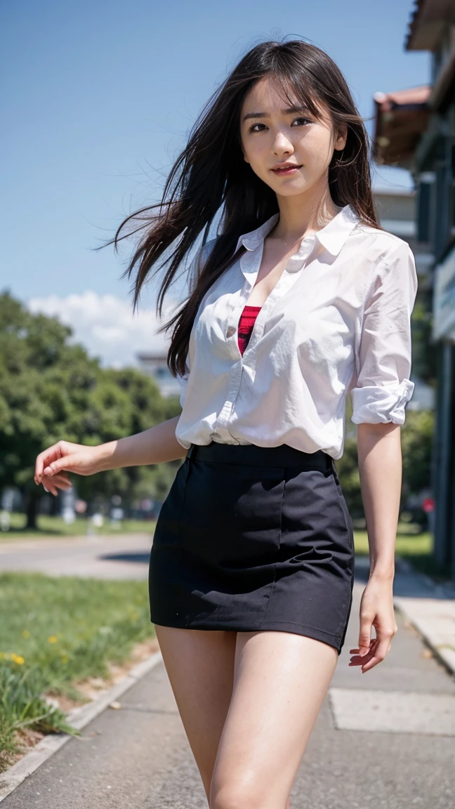 (((Low angle shooting、Looking into the camera:1.22,Leaning forward、Open shirt、No underwear)))、(((8K、Highest quality、masterpiece、Ultra-high resolution)))、(Realistic:1.4)、RAW Photos、(Real skin texture:1.3)、(Film Grain:1.3)、((Are standing、Skirt flutters in strong winds、Under the skirt、Do not bend your legs、don't bend your knees、Spread your thighs、Beachside、))、One Girl、Beautiful and detailed eyes and face、masterpiece、Highest quality、close、thin、Japanese Uniform、dynamic、barefoot、Mr..々Pause、