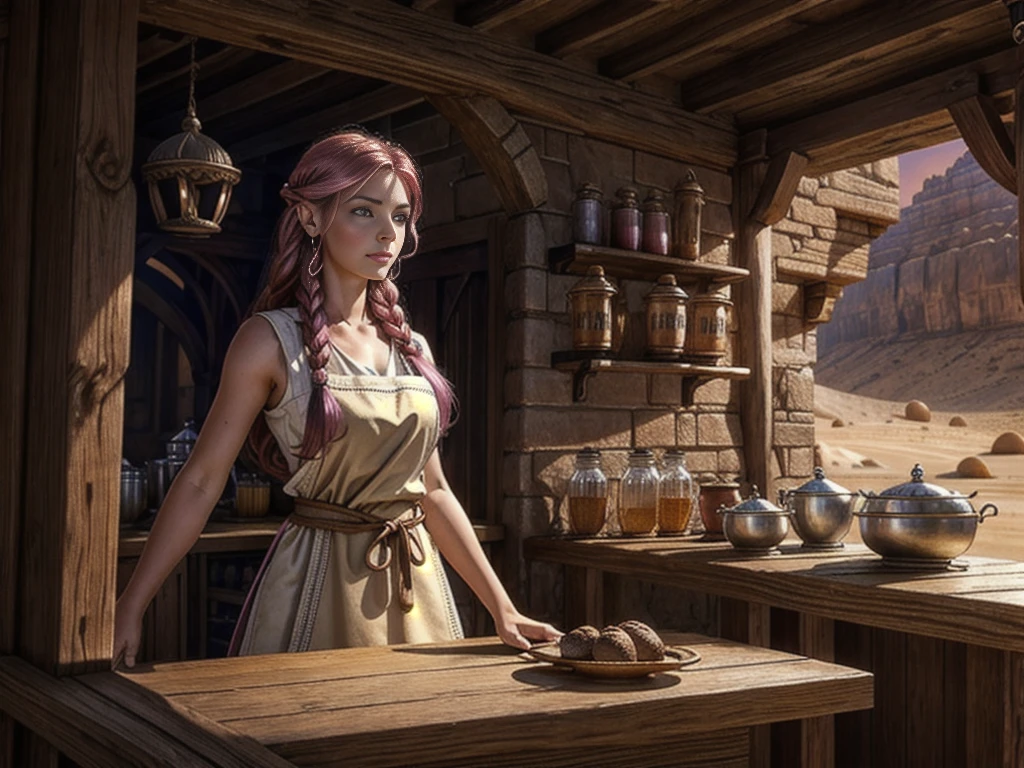 1 girl, adult (elven:0.7) woman,  pink eyes, auburn waterfall braid,  portrait, solo, upper body, looking away, detailed background, detailed face, (arid desert middle-eastern theme:1.1), barkeep, simple tight drrss, apron,  rustic pub interior in background,  rust, wall-decorations,  drapes, flagon, plates, low light, jovial fantasy atmosphere