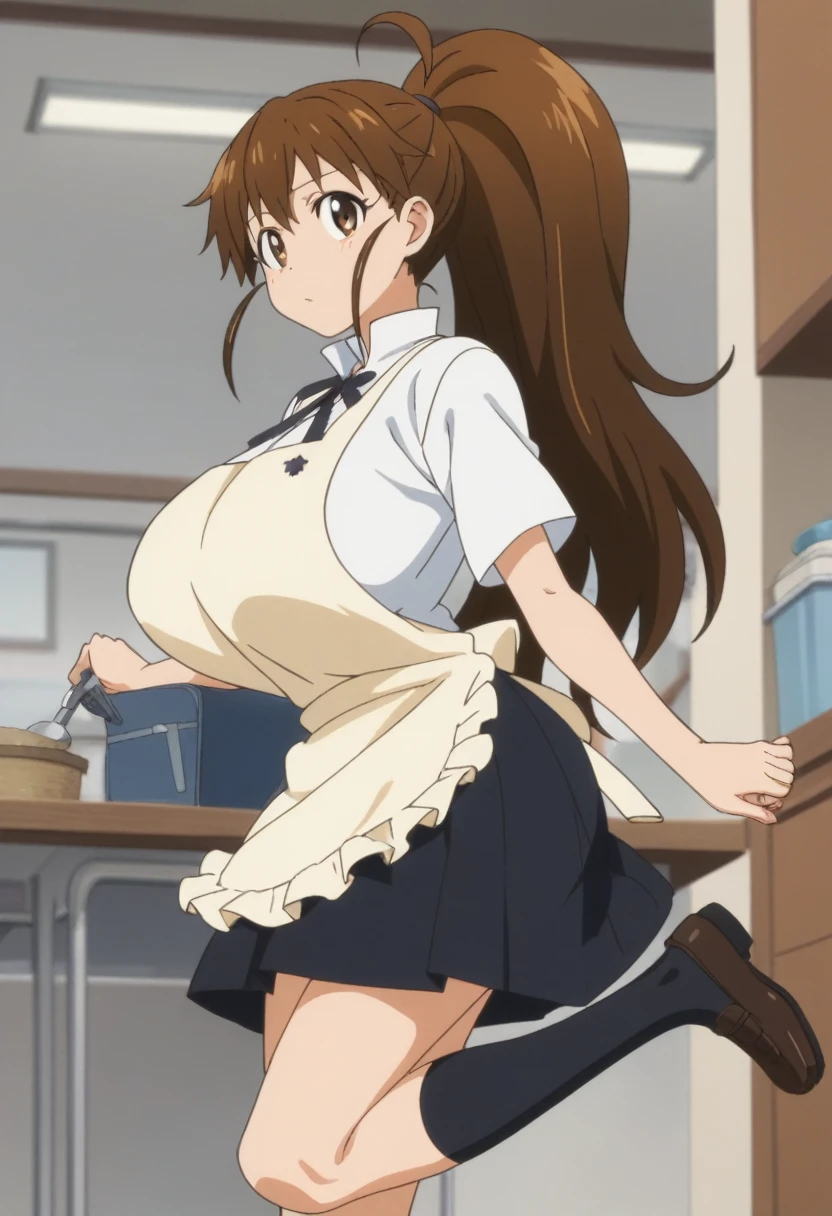 score_9, score_8_up, score_7_up, rating_explicit, anime screencap, cowboy shot, 1girl, solo, working!!, taneshima popura, brown eyes, brown hair, long hair, ponytail, huge breasts, white shirt,black skirt,apron, one leg paeties,black socks, popura-schooluniform, looking at viewer, from side