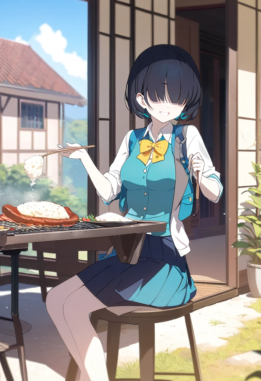 1girl, , turquoise vest, collared shirt, yellow bowtie, open jacket, blue skirt, black-framed eyewear, pleated skirt, black hair, turquoise bangs, very short hair, hair over eyes, pale skin, medium breasts, turquoise eye, smile, country house, table, eating barbecue, rice with cassava, (masterpiece), best quality, anime style, full body