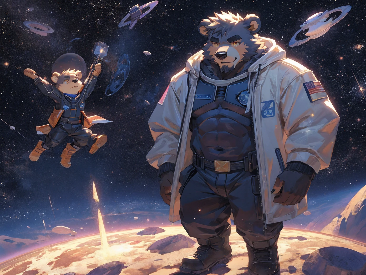 (masterpiece:1.2), best quality,pixiv,official art,perfect anatomy, (Ray tracing, light),solo, (1_male:1.3) , (muscle), (grey fur:1.4), (muscle bear), (beard:1.2), (gleaming golden eyes), bear tail, full body, Thick black eyebrows,(open hooded parka), (naked inside), (cargo pants:1.2), boots , (in the space:1.3) , star , planet , earth , asteroid , solar , mars , (character floating :1.3)